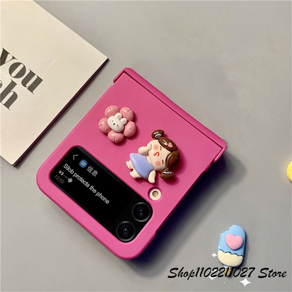 Cute Korea Cartoon Girl Bunga Rabbit Rose Red Case untuk Galaxy Z Flip 5 6 Z Flip5 Flip4 Zflip3 Zfli