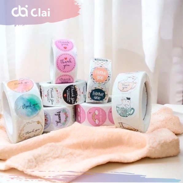 

CLAI Sticker Stiker Tempel Tempelan Thank You Terima Kasih Seal Label Kertas 1 roll isi 500 Pcs Bulat Bunga Kucing Gelas Makanan UMKM Online Shop THX TQ Warna Self Adhesive Seal Label