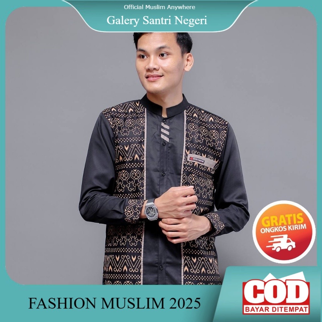 NEW Baju Koko Pria Lengan Panjang Motif Dayak Kombinasi Batik Original Elrumi Warna Hitam