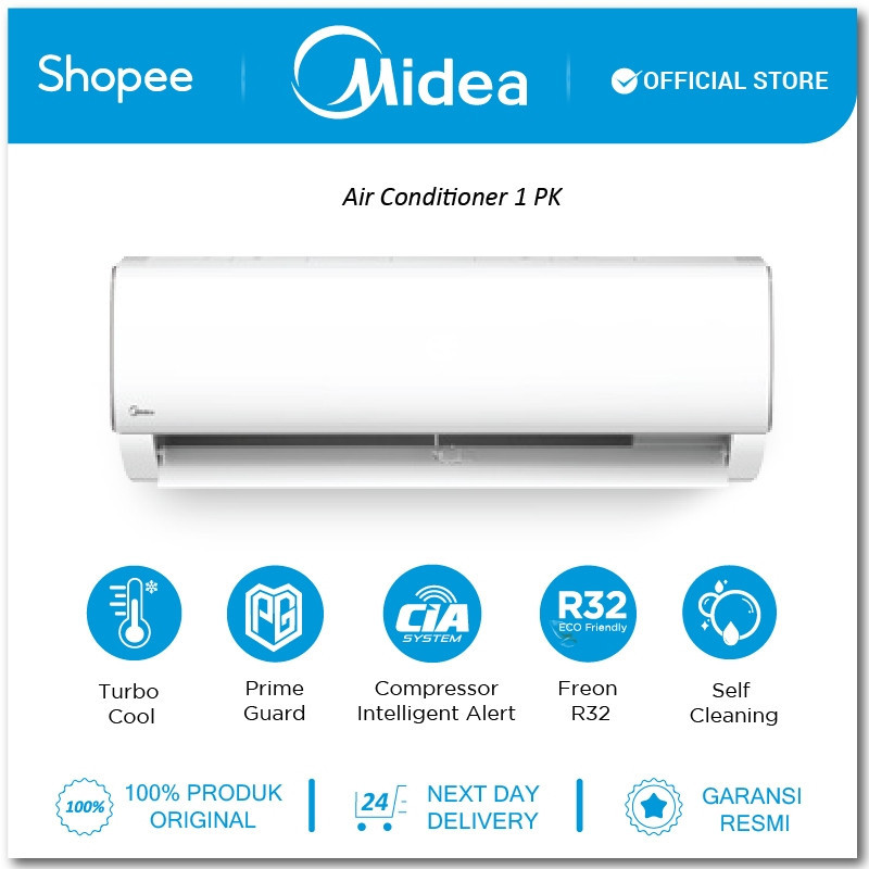 Midea AC Split 1 PK 3/4 PK + Pasang Low Watt Voltage Hemat Anti Karat Kamar Tidur MSAF-09CRN2X