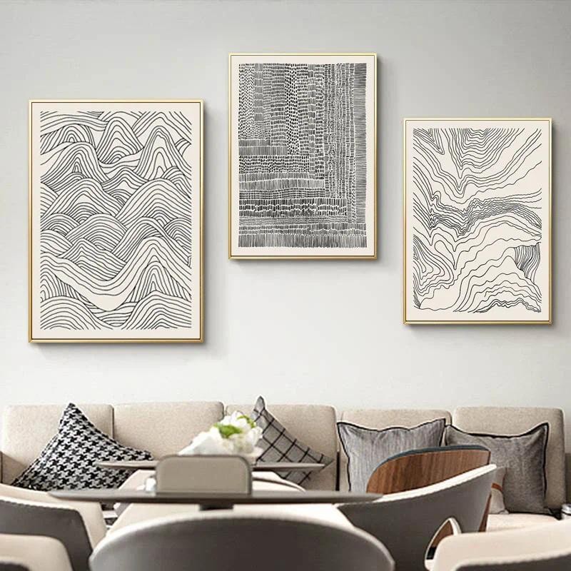 

Nordic Black and White Canvas Painting Abstract Lines Distant Mountains and Flowing Water Wall Art Picture for Living Room Decor