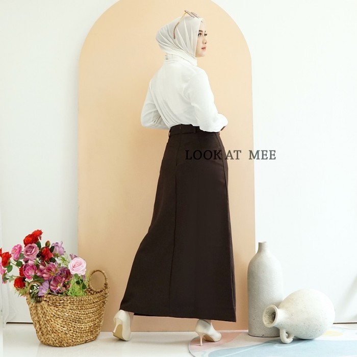 Rok Kerja Panjang Hitam Rok A Line Bahan Formal Kantor - coklat, S