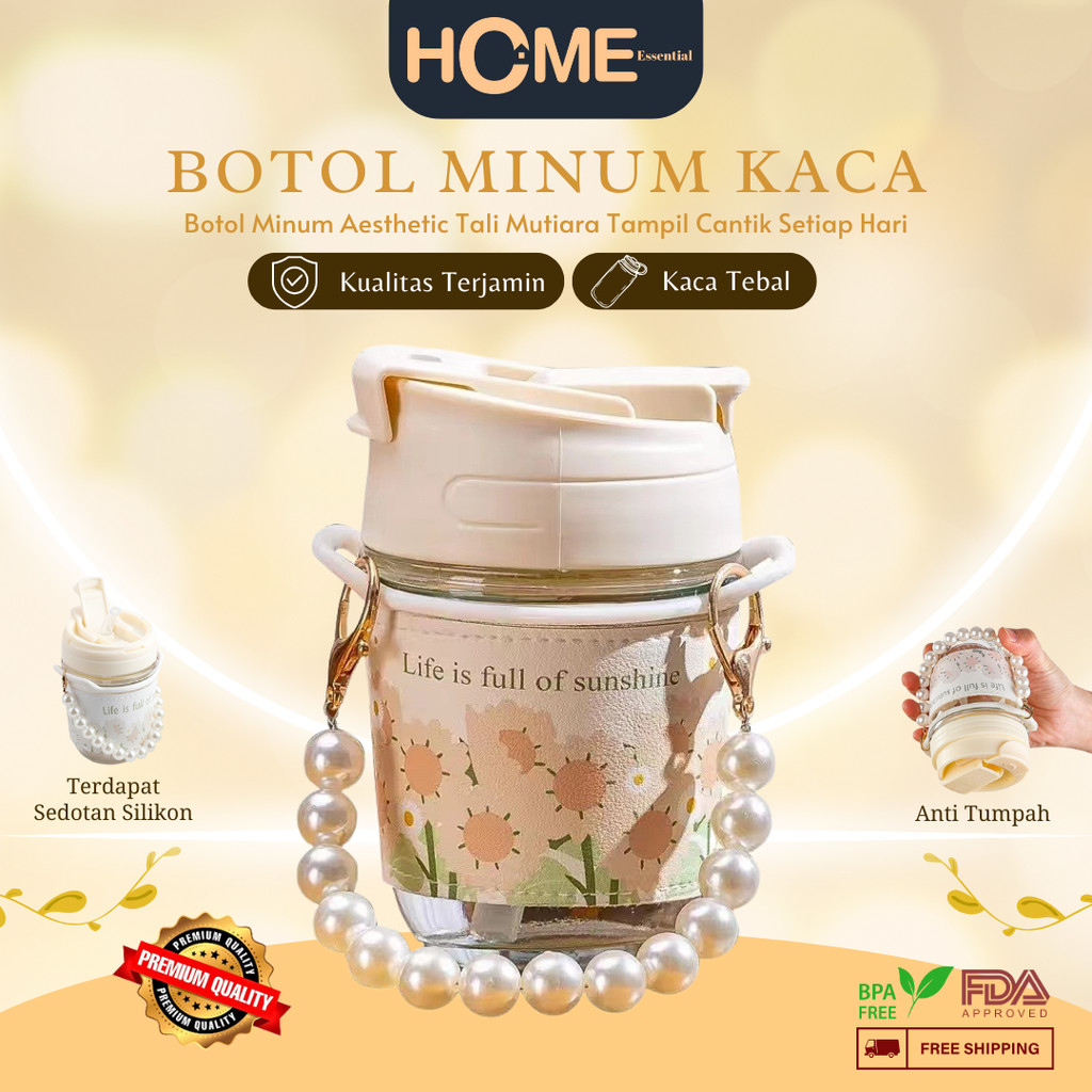 Botol Minum Kaca /  Botol Aesthetic Tali Mutiara / Tumbler Korea Botol Travel Tali Dan Sedotan VS-34