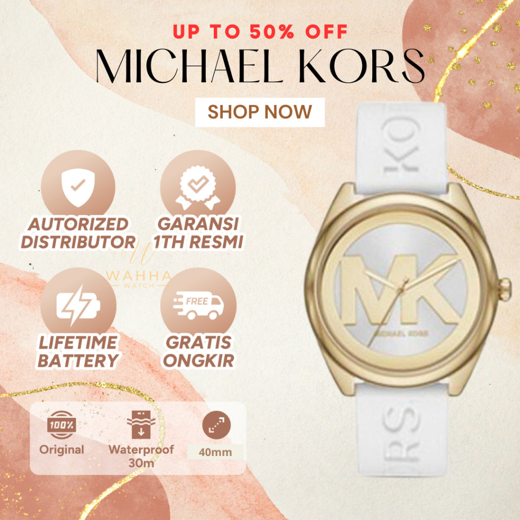 [ORIGINAL]-[COD]✅ Jam Tangan Wanita Michael Kors MK7141 Gold Tone Logo Dial White Silicone Band Wome