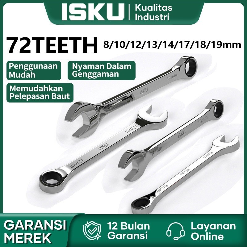 Isku Kunci Rachet set 72gigi 8-19mm Kunci Pas Set Kunci Rachet Bolak Balik Kunci Ring Pas Rachet