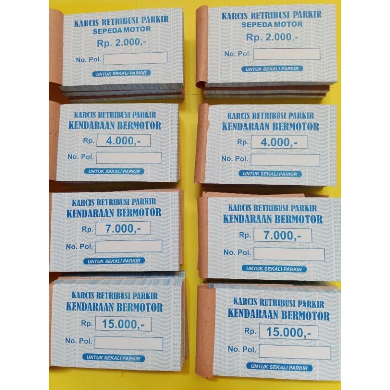 

Cetak KARCIS PARKIR NOMINAL 2 RIBU, 4 RIBU, 6 RIBU, 7 RIBU, 15 RIBU,TANPA NOMINAL Murah