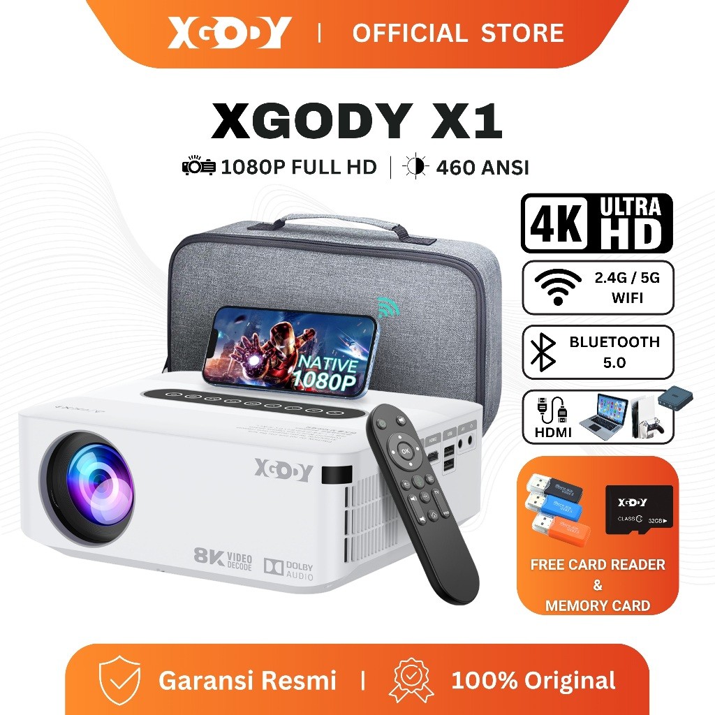 XGODY X1 Smart Proyektor LCD -Android 9 - FHD 1080P -Dolby Atmos -2GB+16GB -Auto Keystone - 460 ANSI