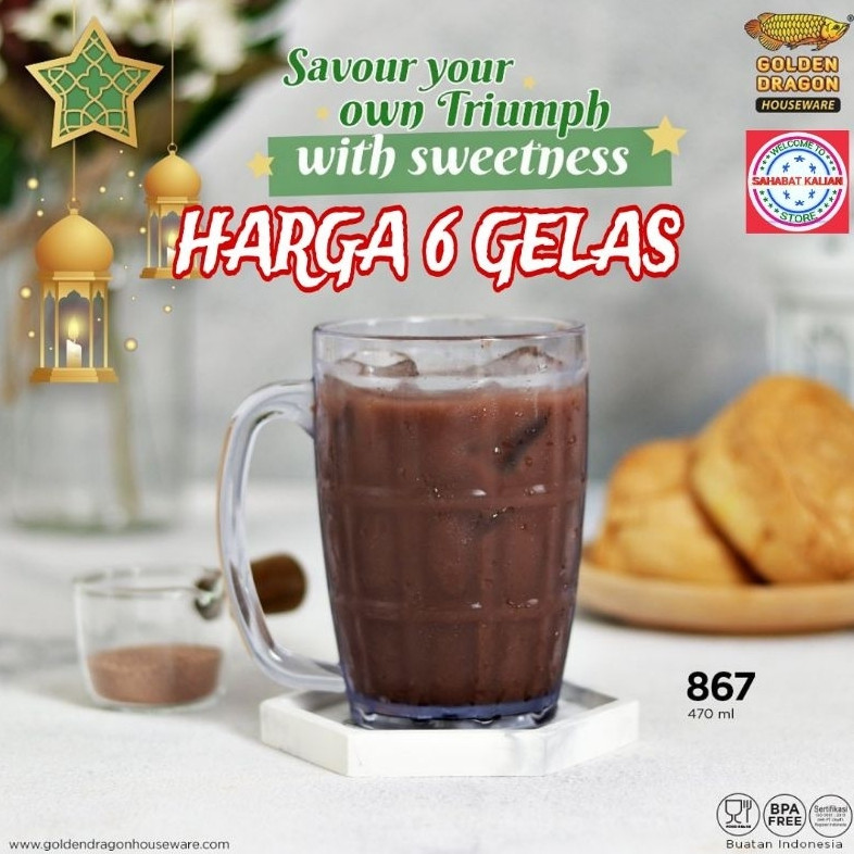 (6 GELAS) Gelas Gagang Golden Dragon 867 470ml