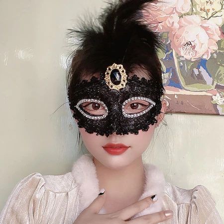 Topeng Bulu Permata Halloween (hitam/putih)/ Topeng Pesta Bulu Merak/ Masquerade Topeng Renda Bulu
