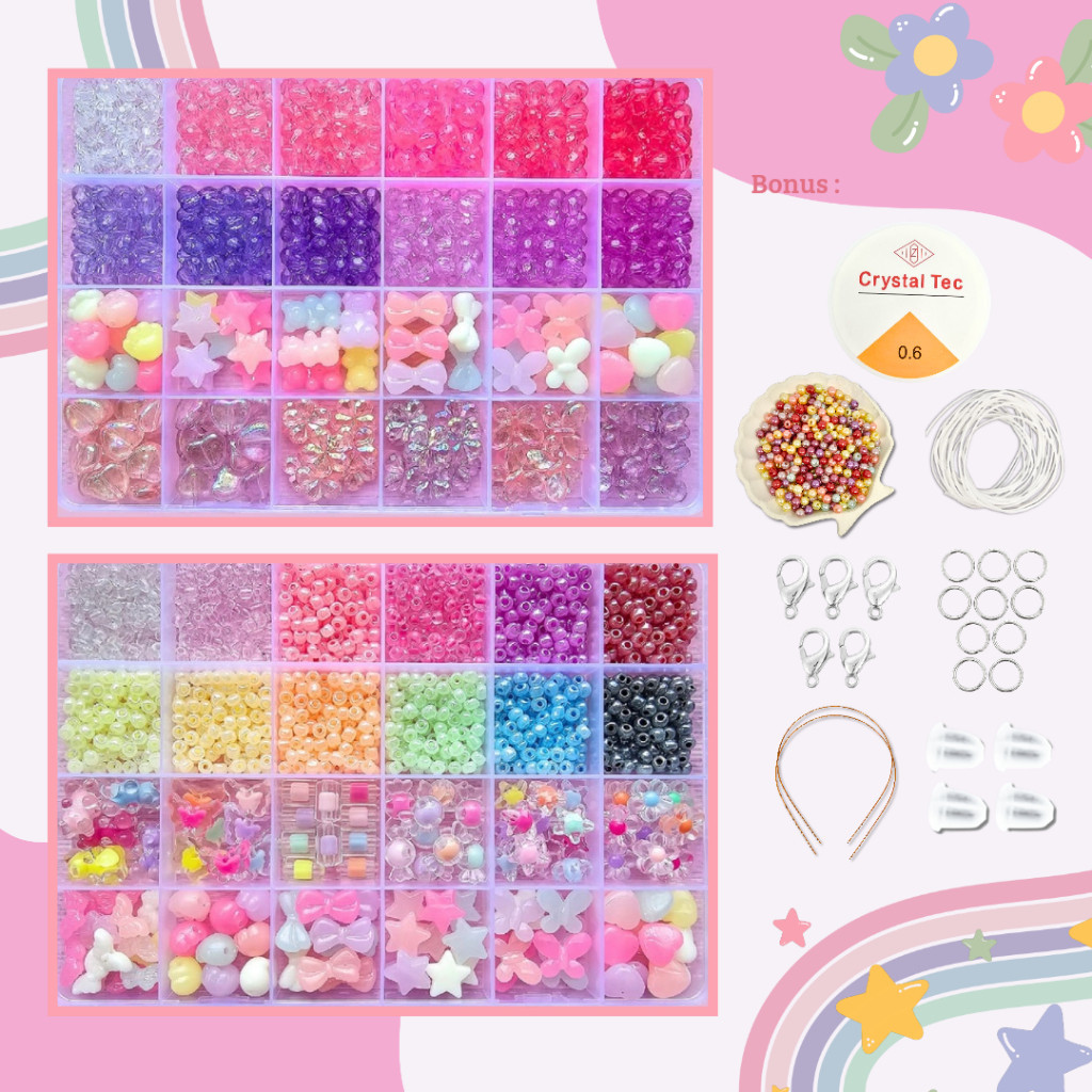 Set Mote Manik Bahan Kerajinan Anak Anak DIY Beads Kit - Manik Gelang - Manik Mote Pasir (Gratis Ben