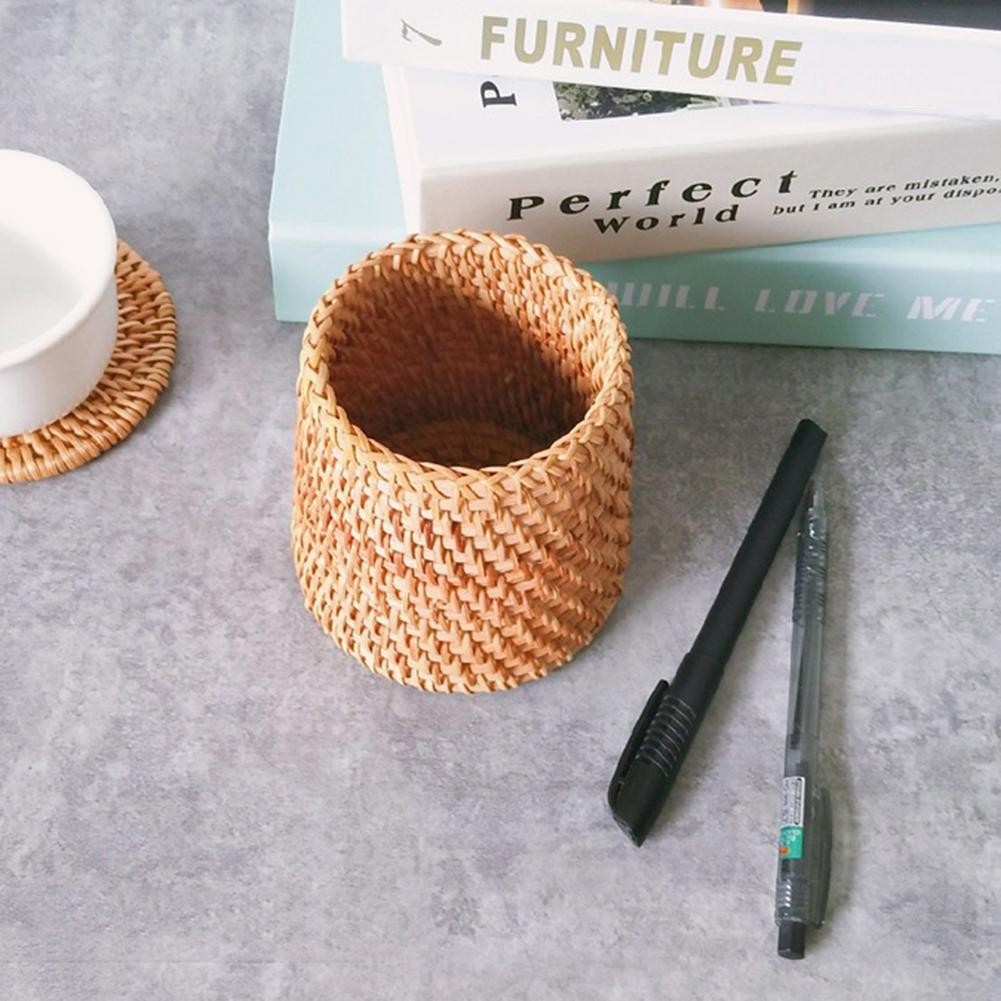 

Pencil Holder Stationery Rattan Bucket Dinner Knives Forks Tableware Storage Box Home Storage Baskets Desk Organizer