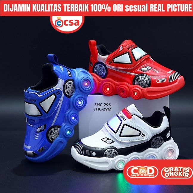 Sepatu Anak Laki Laki Sneakers Sekolah Mobil LED Lampu Nyala Import Usia 1 3 4 5 6 7 Tahun TK SD