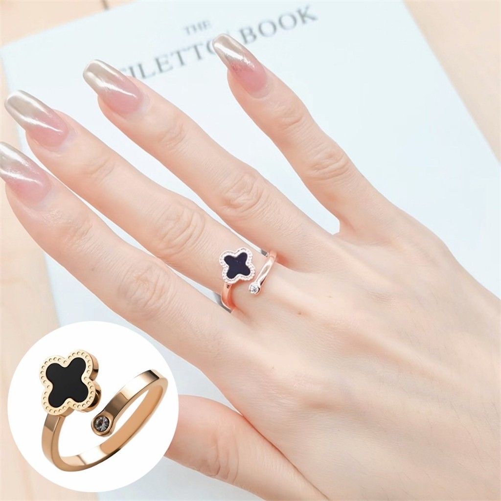 Cincin Titanium Clover Rose Gold Permata Berkilau Cincin Titanium Asli Cincin Wanita Korea Model Ter
