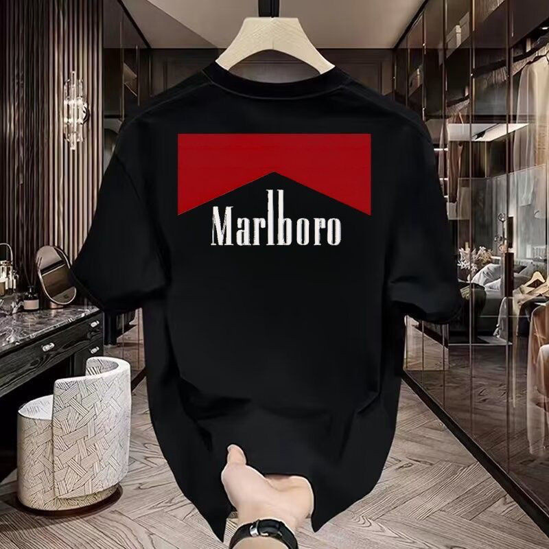 T-shirt Tebal Merek Tide 2024 Lengan Pendek Baru Musim Panas Gaya Fashion Marlboro Dicetak T-shirt T