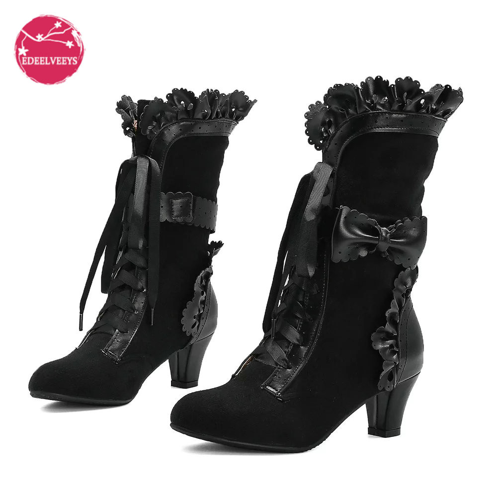 sepatu salju musim dingin Autumn Winter Vintage Women Victorian Boots Lace Up High Heel Bootie Ruffl