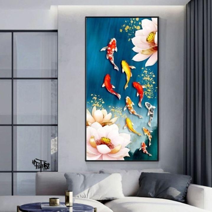 Lukisan ikan koi fengshui 9 plus bingkai ukuran jumbo hiasan dinding - future art painting