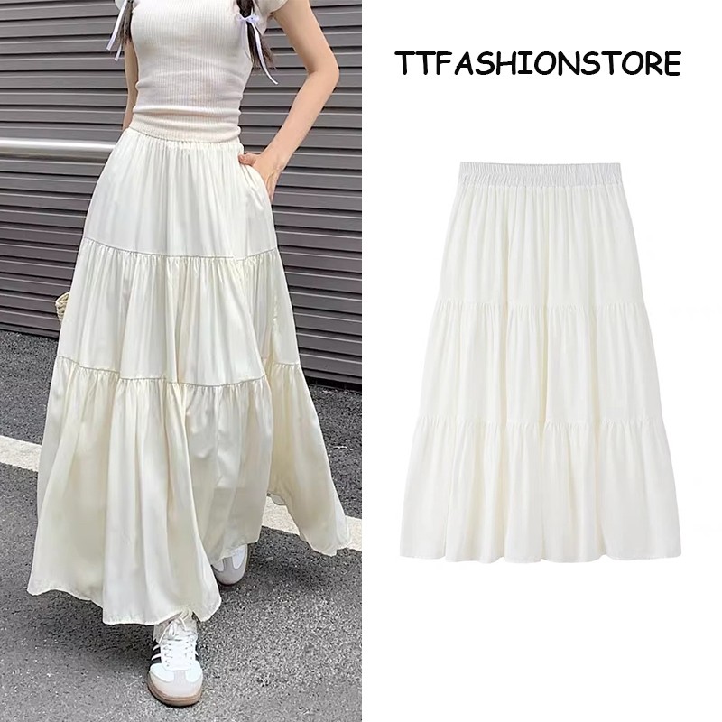 [GILA DISKON] ️Rok Kasual Pinggang Tinggi Gaya Korea dengan Ayunan Lebar, Rok Payung A-line Longgar,