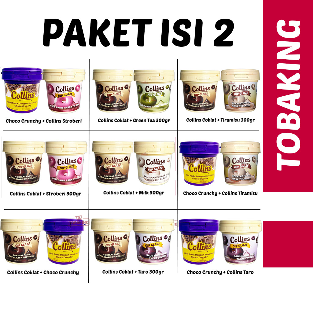 

Paket Bundling Isi 2 Collins Dip Glaze 300 gr All Variant Coklat Choco Crunchy Strawberry Taro Tiramisu