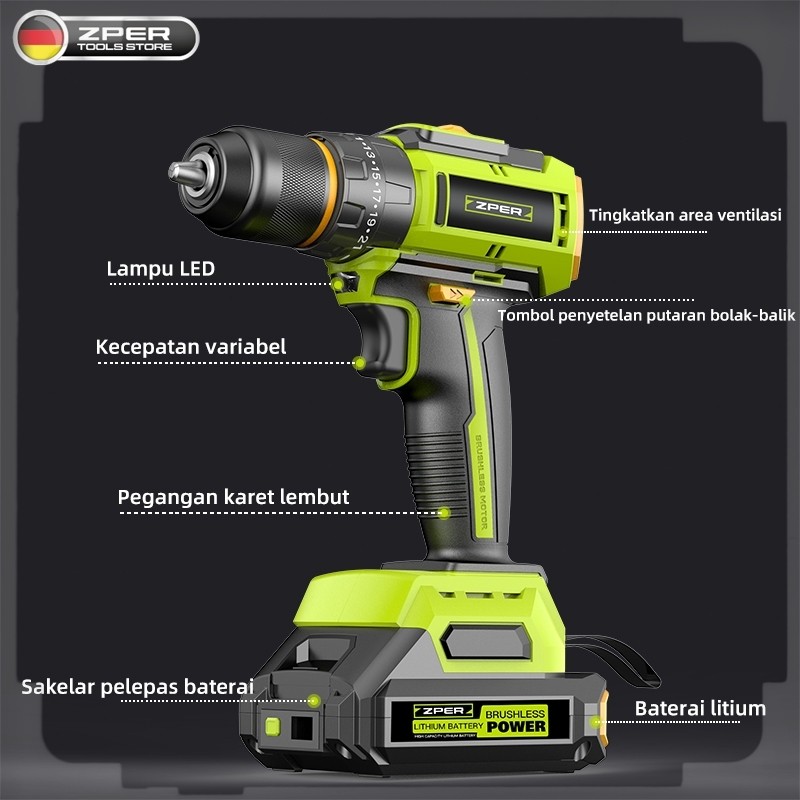 Mesin Bor Cordless Motor Tanpa Arang Bor Cordless Multifungsi Brushless ZPER