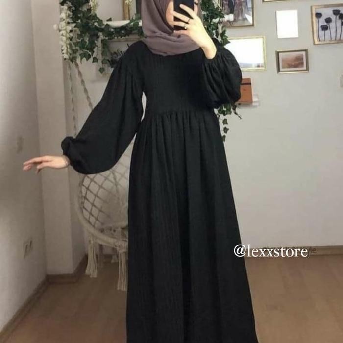 GAMIS HITAM/ GAMIS POLOS / SIMPLE/ TANGAN BALLON - Hitam, S