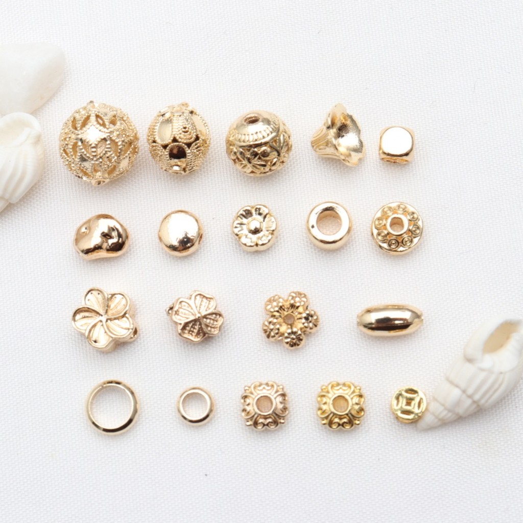 (50 harga) tas emas 14k, manik-manik pengawet warna, gelang DIY septum manik-manik pola bulat, kalun