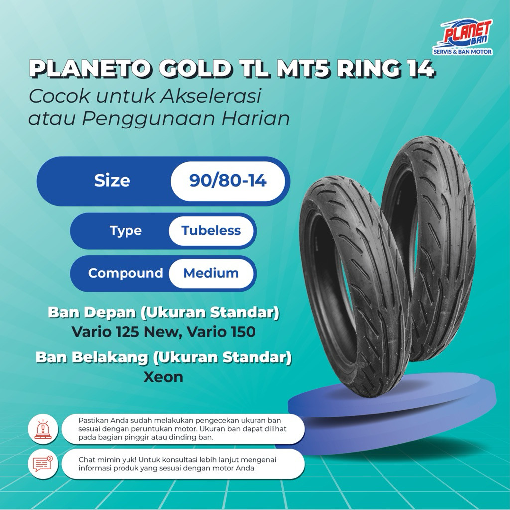 Ban Motor Ring 14 - 90/80 Planeto Gold MT5 (Ban Motor Vario 125 New, Vario 150, Xeon)