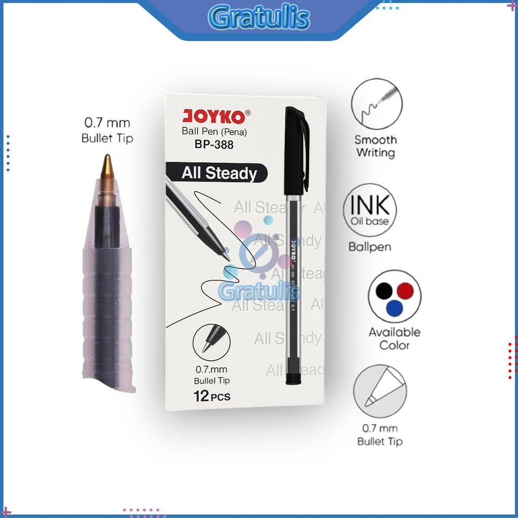 

BALLPOINT STEADY JOYKO BP-388 [1 PACK/12 PCS] / PULPEN BOLPOIN PENA 1 LUSIN / BULPEN TINTA HITAM /BOLPEN 1 BOX / POLPEN 1 PAK / PERALATAN ALAT TULIS SEKOLAH
