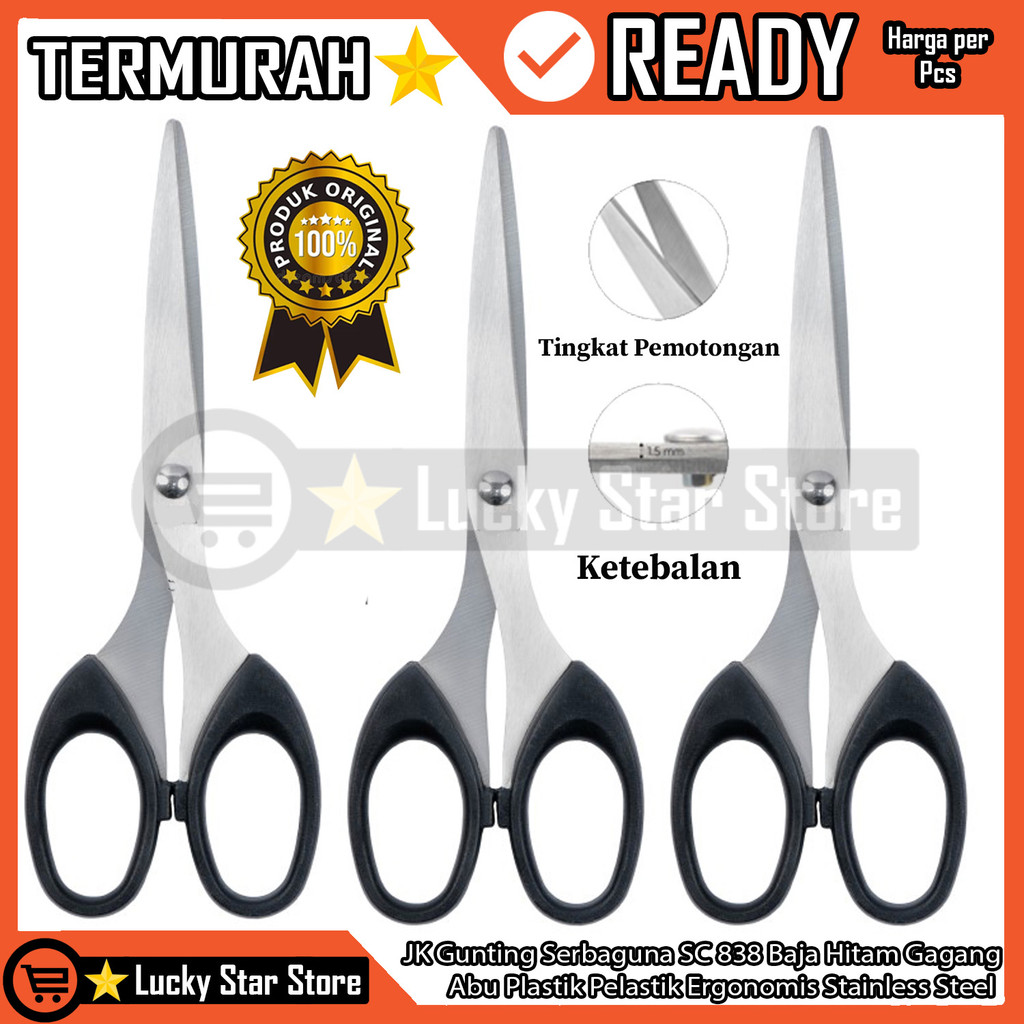 

JK Gunting Serbaguna SC 838 Baja Hitam Itam Item Abu Gagang Plastik Pelastik Ergonomis Stainless Steel Rumah Sekolah Kantor Kertas Kain Kuat Tahan Lama Anti Karat Ringan Multifungsi Bahan Proyek Stainlis Stenlis Stenles NDL Cutting Potong Pemotong