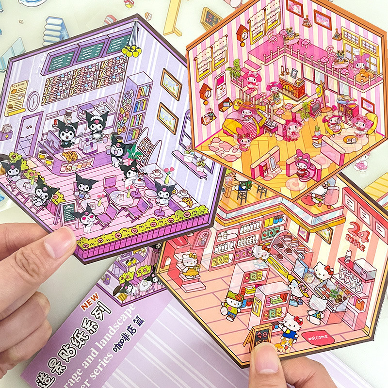

Cartoon 3D Anime Stickers Miniature Scene Kawaii Frozen Hello Kitty Kulomi DIY Simulated Cabin Sticker Pack School Kids Gift
