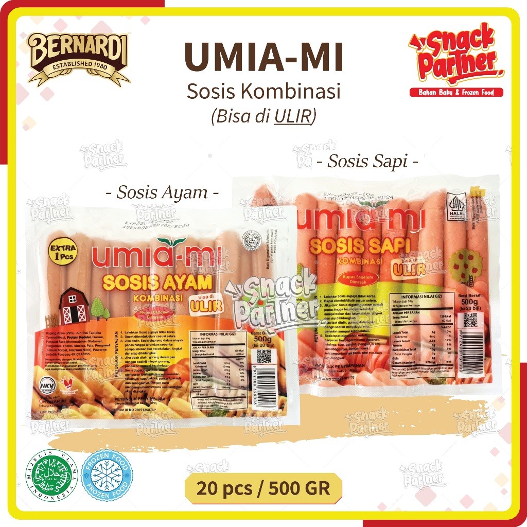 

UMIAMI | SOSIS ULIR 20 PCS / 500 GR by BERNARDI - Ayam Sapi Kombinasi Chicken Beef Sausages UmiPao Umia-Mi FROZEN FOOD