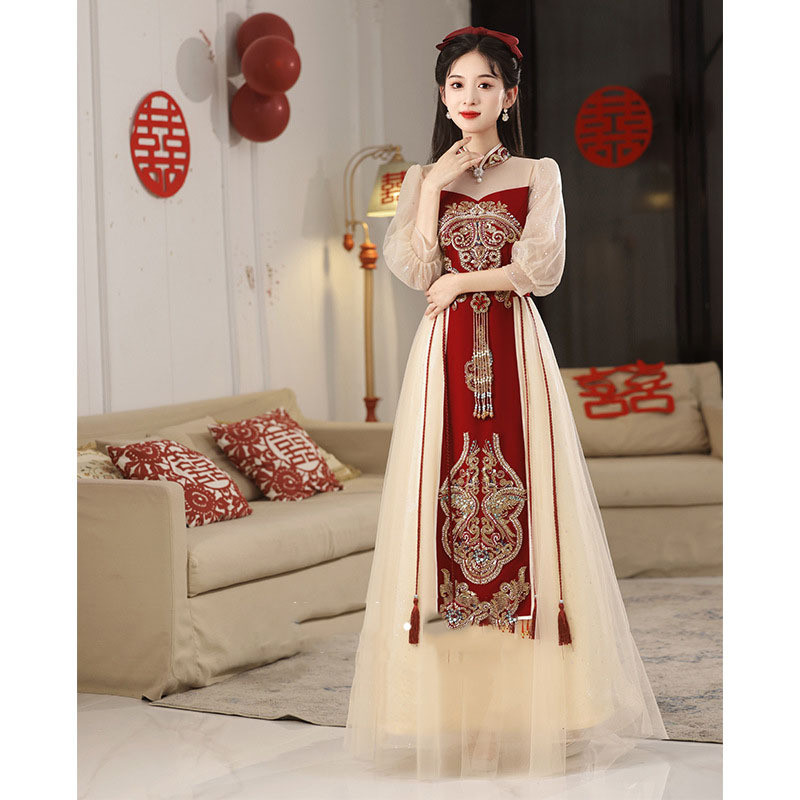 FW25-04602 Gaun Pesta Wanita. Women's Fairy Mesh Chinese Bridal Red Wedding Dress