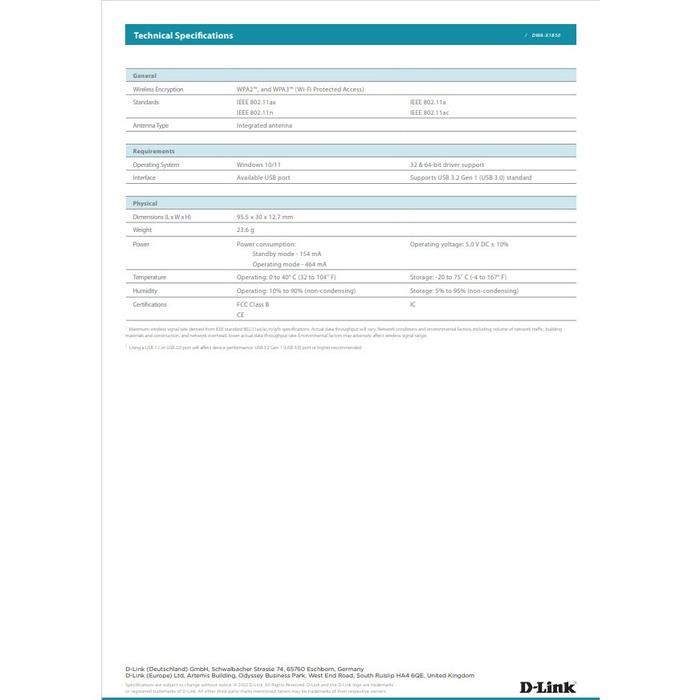 USB Wireless Adapter D-Link DWA-X1850 AX1800 MU-MIMO Wifi 6 USB 3.0