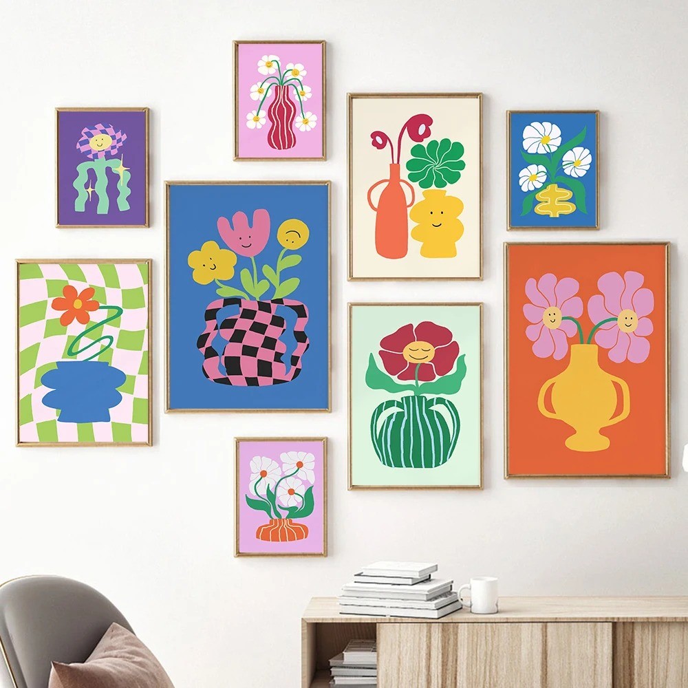 

Retro Flowers Wall Art Groovy Flowers Gallery Colorful Poster and Prints Funky Wall Decor 70s Living Room Canvas Painting