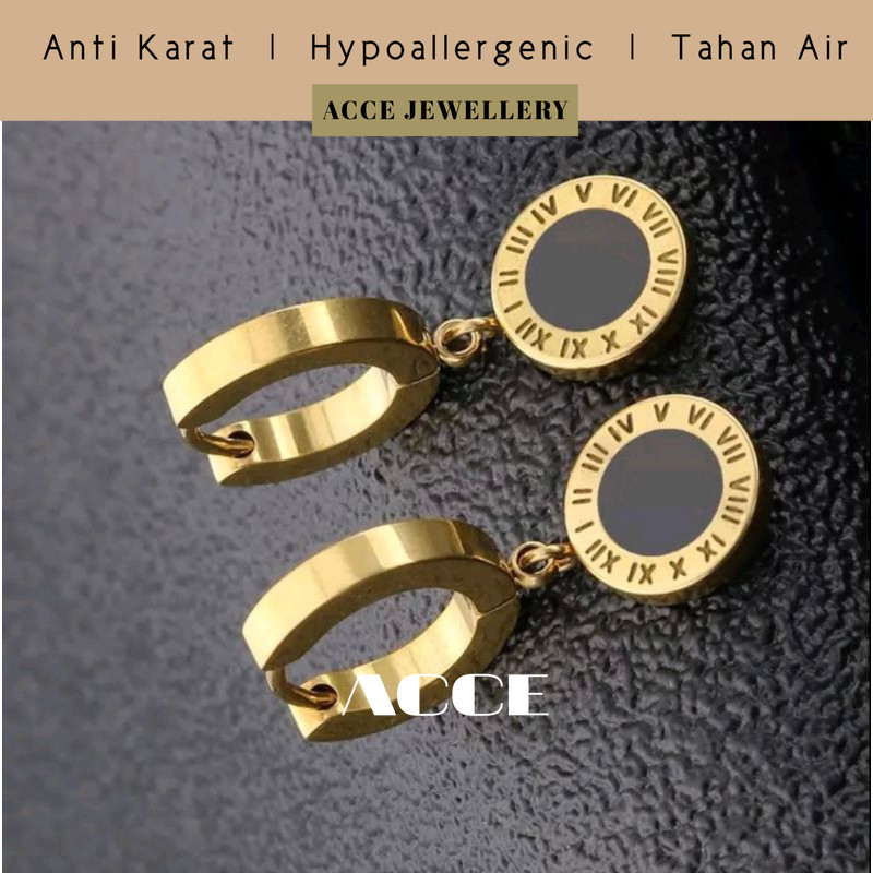 AC-07 Anting Perempuan Motif Bulat Hitam Angka Romawi Titanium Lapis Emas Anti Karat
