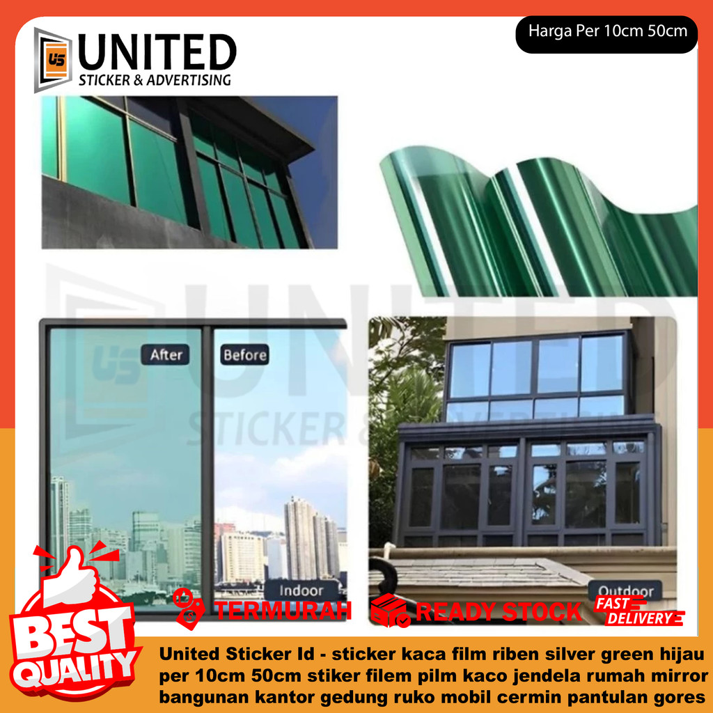 United Sticker Id- Kaca Film Riben Silver Green Hijau Per 10cm 50cm Stiker Filem Pilm Kaco Jendela R
