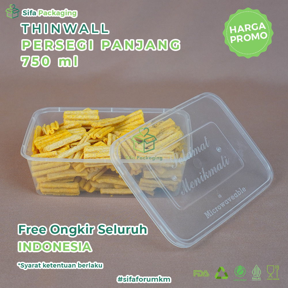 Thinwall Persegi Panjang + Tutup 750ml Kotak Makanan Wadah Plastik Thinwall Rectangle Tempat Kue Sna