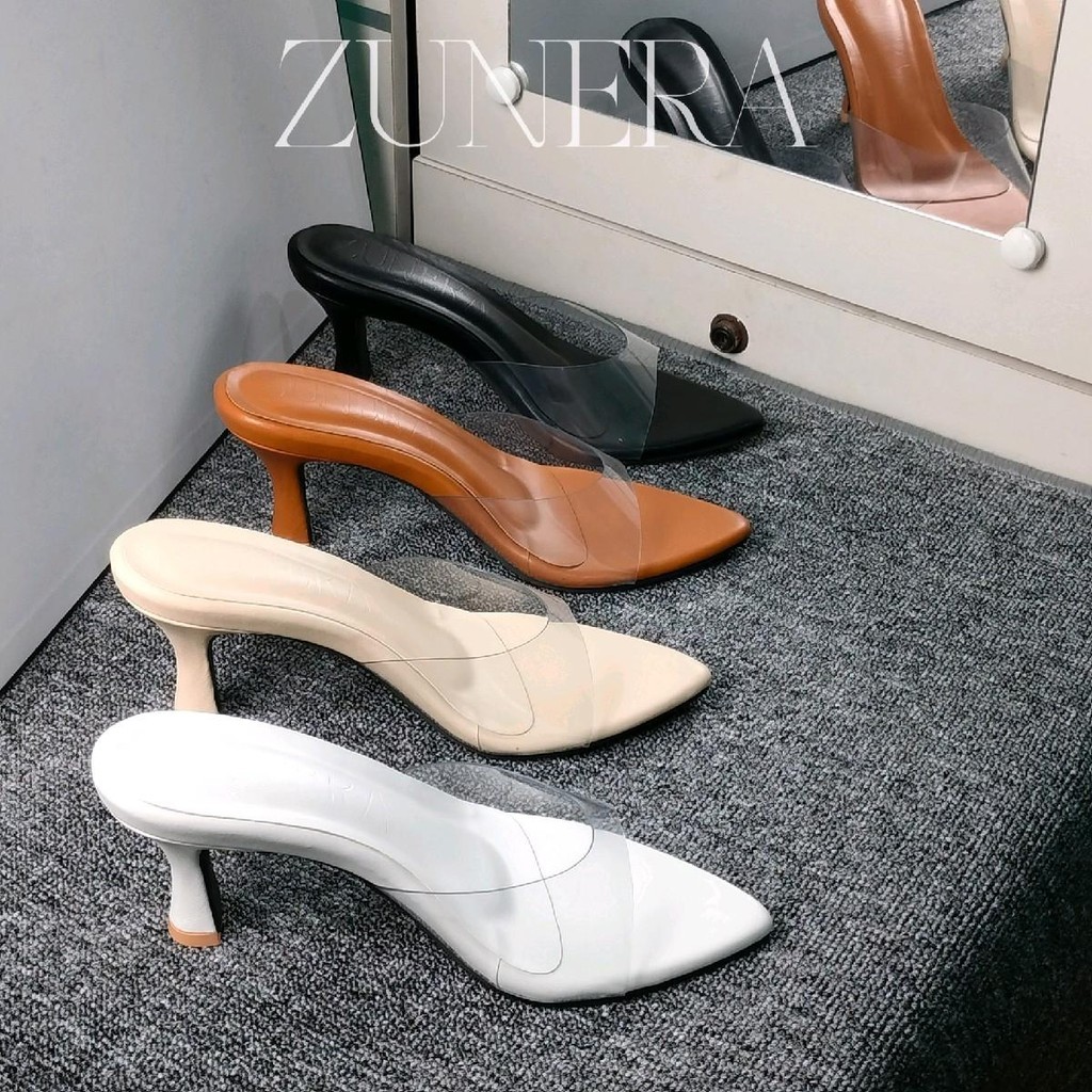 WELSERRSHOP  ZUNERA Bien heels uper clear sendal wanita tinggi 7cm ujung lancip warna tan hitam begi