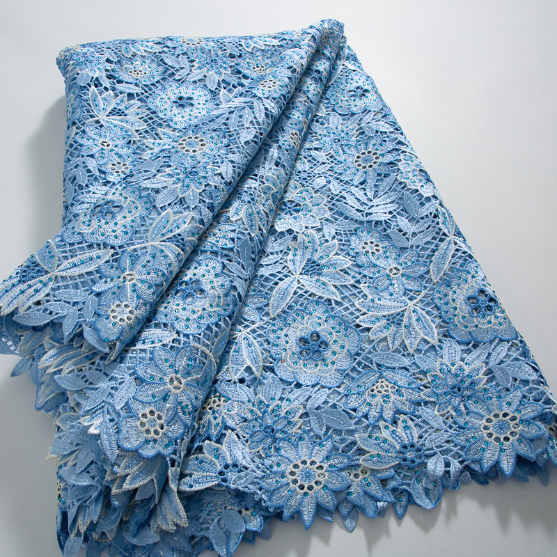 

2.5 Yards Blue African Cord Guipure Lace Crystals Fabric 2024 High Quality Elegant Water Soluble Fabric for Evening Dress A3727