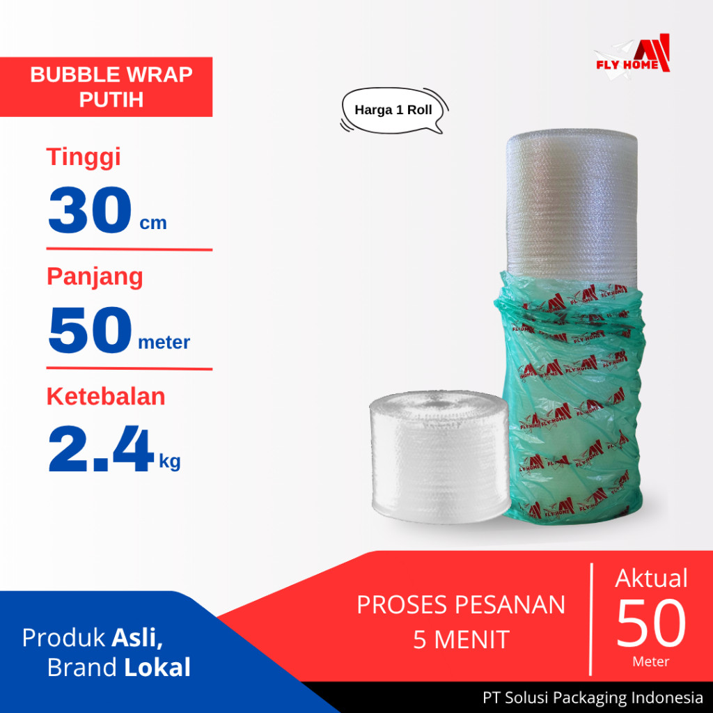 

FLYHOME bubble wrap putih 2,4kg potongan 30cm 1 roll 30x50meter