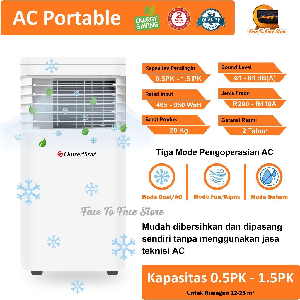 AC Portable Ruangan 1/2PK 3/4PK 1PK 1.5PK 2PK.Low Watt.UnitedStar.. Resmi.Pendinginan Cepat.Ac Mini 