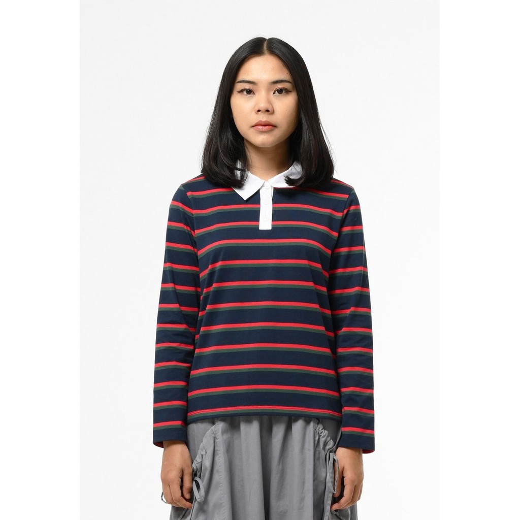 3Second Women's Collar T-Shirt Long Sleeve Regular Fit Stripe Tee Geneva H101224 H091224