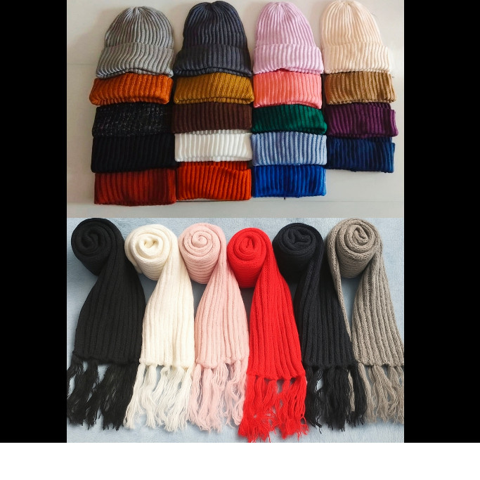YD Set Kupluk dan Syal Polos Bromo Satu paket Topi Rajut Dieng Tebal Hangat Musim Dingin Pria Wanita