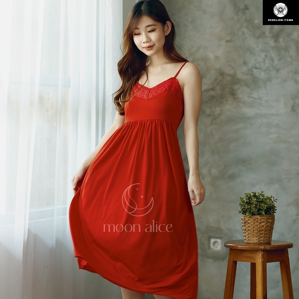 Moon Alice Babydoll Daster Seksi tanpa Lengan Renda Merah L275