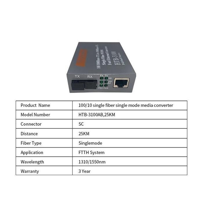 Media Converter HTB-3100 RJ45 Single Core Fiber Optik FO 10-100 Mbps - Eterlink