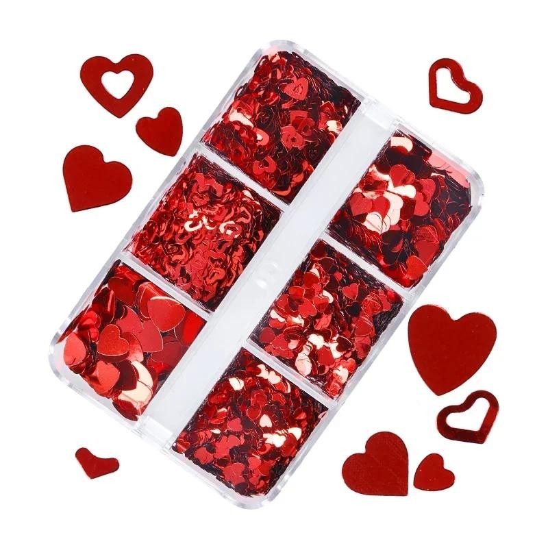 

6 Grids Valentines Love Heart Sequins Glitter For Epoxy Resin Mold Fillings Slime Filler Mixed Flower Heart Nail Art Decorations