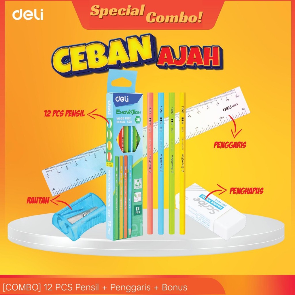 

DELI Combo Back to school CEBAN Aja Pensil-rautan-penggaris, Alat Tulis Pensil Stationery