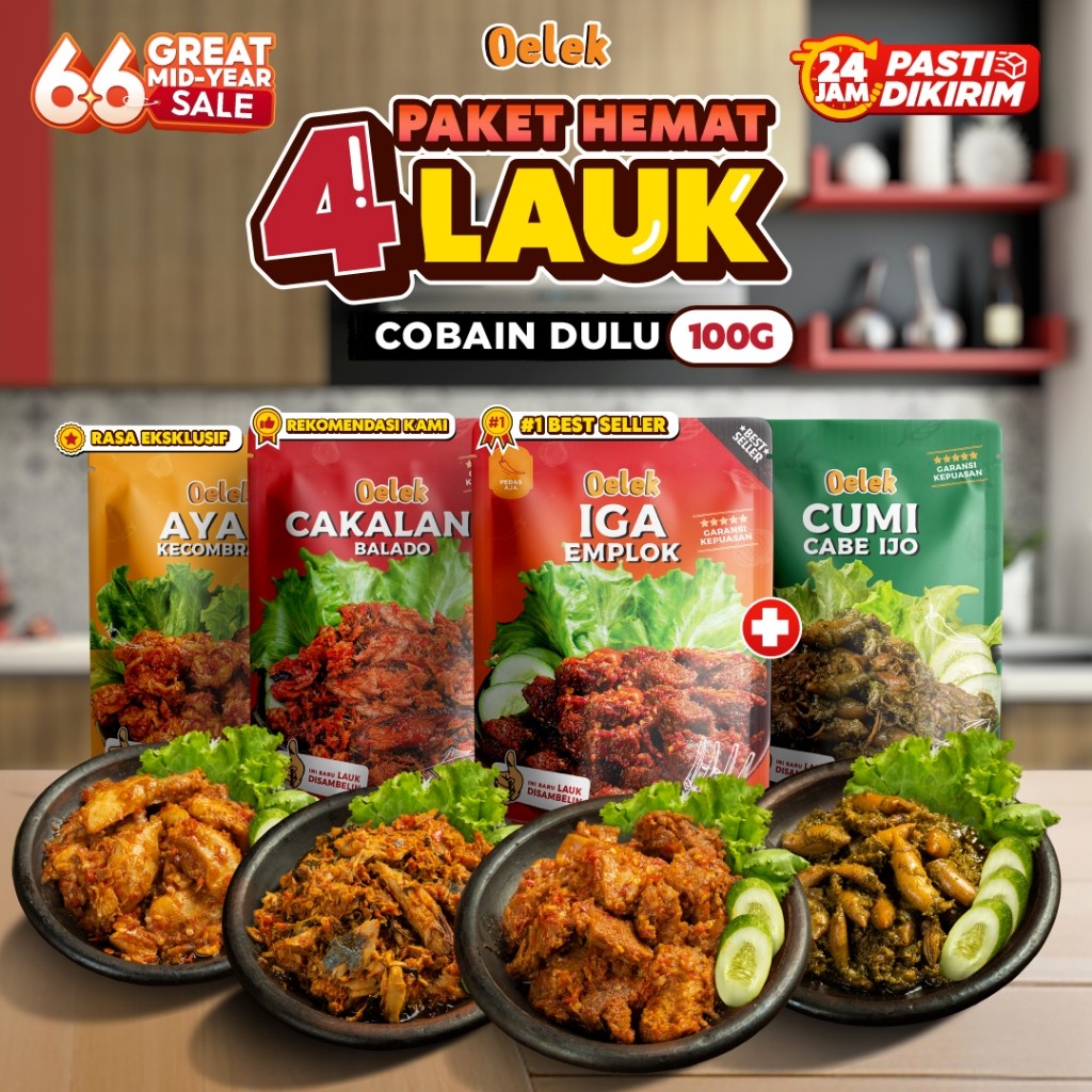 

Oelek Paket Cobain Dulu 4 Lauk / Iga Emplok / Cakalang Balado / Cumi Cabe Ijo / Ayam Kecombrang / Lauk Siap Saji