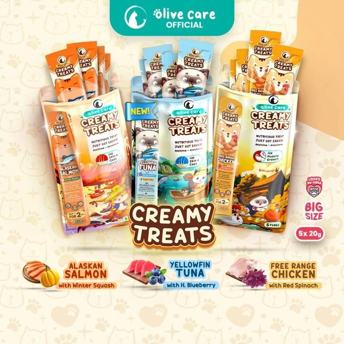 

Olive Care PAKET CREAMY TREATS 16gr & 20gr isi 5 Tubes Snack Cemilan Kucing Bernutrisi dengan Daging Ayam/Salmon Asli & Red Spinach/Winter Squash - salmon, 16 gr