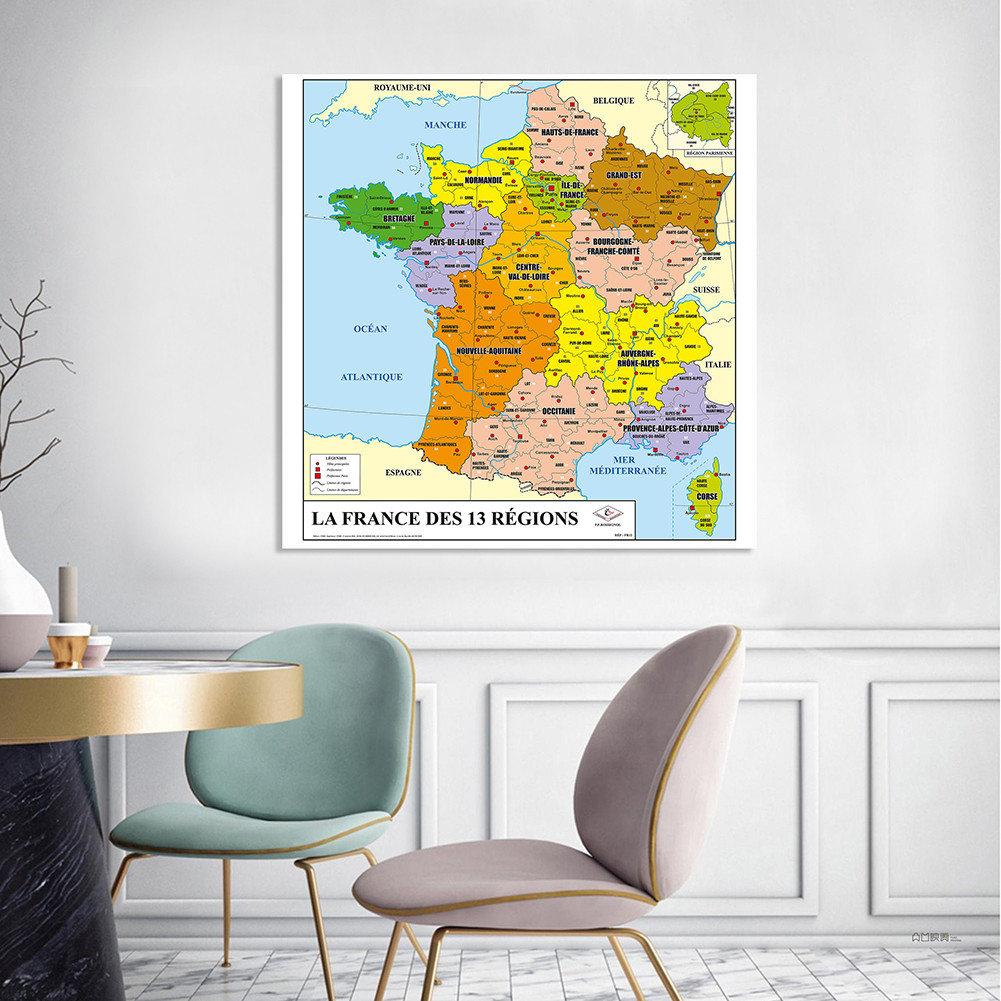 

Map of The France in French Wall Poster and Prints Non-woven Canvas Painting Home Decor School Teaching Supplies 90*90cm