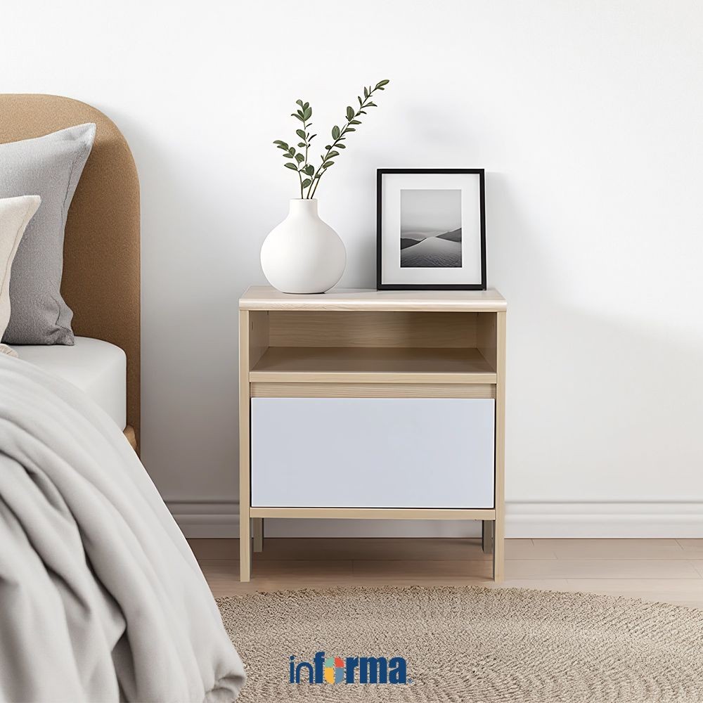 Informa Blade Nakas - Putih Oak Bedside Table Meja Nightstand Meja Samping Tempat Tidur Furnitur Kam